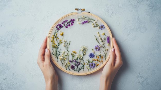 mână ținând un cerc de broderie cu modele florale